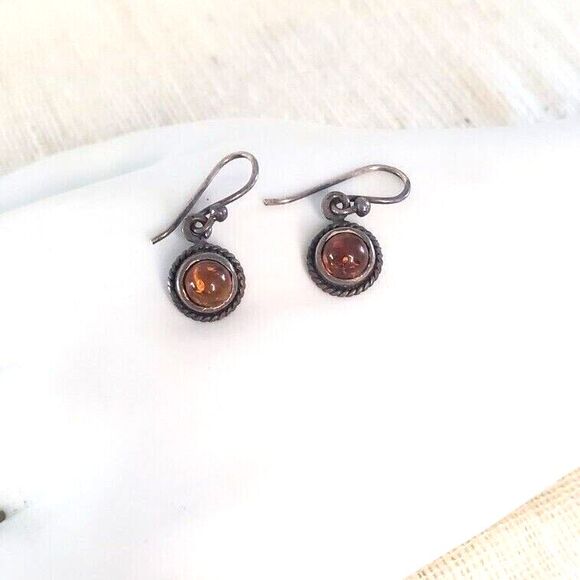 Amber Sterling 925 Silver Earrings Small Circle Drop Jewelry - Picture 4 of 6